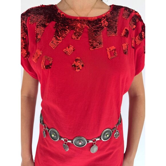 80s vintage red sequin embellished funky cotton short sleeved tee shirt large - Picture 7 of 9
